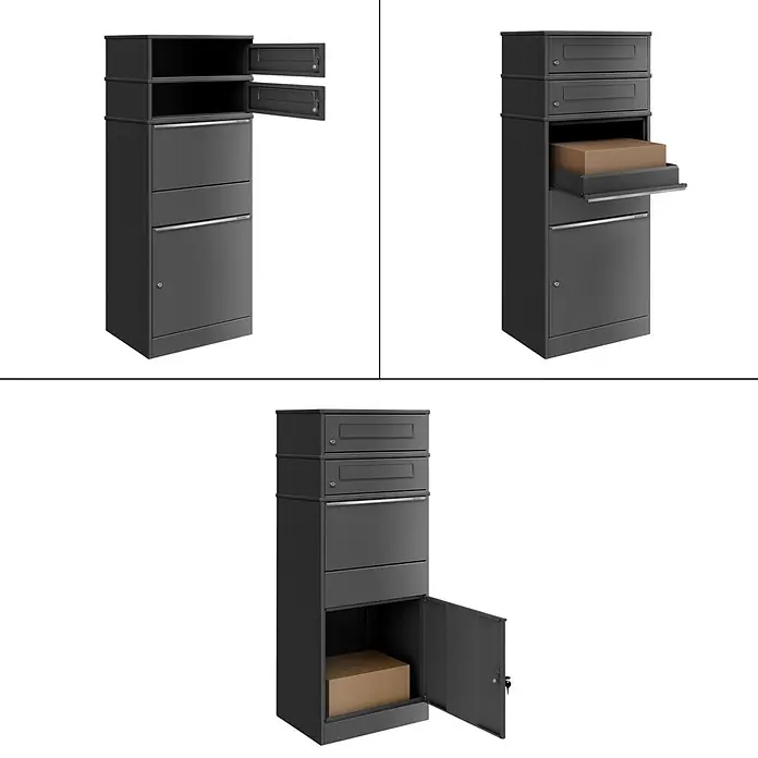 Metzler Paketbox 2 BRFK BISPO - L x B x H: 37,4 x 50,3 x 130,3 cm, Eisenglimmer, Stahl, Paketfach, 2 Briefkastenfächer - Dunkelgrauer Metall-Paketkasten mit mehreren offenen Fächern für Post und Pakete, teilweise mit braunen Paketen.