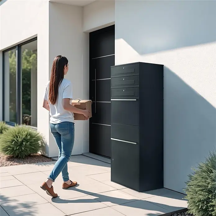 Metzler Paketbox XL 3 BRFK MAX - L x B x H: 45 x 72 x 177 cm, Anthrazit, Stahl, Paketfach, 3 Briefkastenfächer - Hoher, dunkelgrauer Paketbriefkasten mit mehreren Fächern, an einer modernen Haustür, bereit zur Paketannahme.