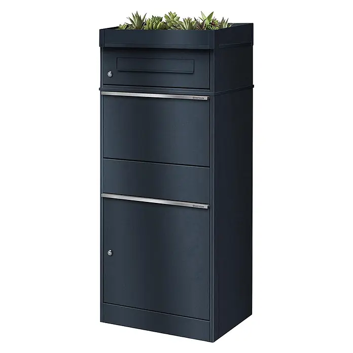 Metzler Paketbox BRFK PD BISPO - L x B x H: 37,4 x 50,3 x 119,9 cm, Anthrazit, Stahl, Paketfach, Mit Pflanzdach - Dunkelgraue Brief- und Paketkastenanlage aus Metall mit integriertem Pflanzgefäß und Sukkulenten. Mit Einwurfschlitz und abschließbaren Fächern.