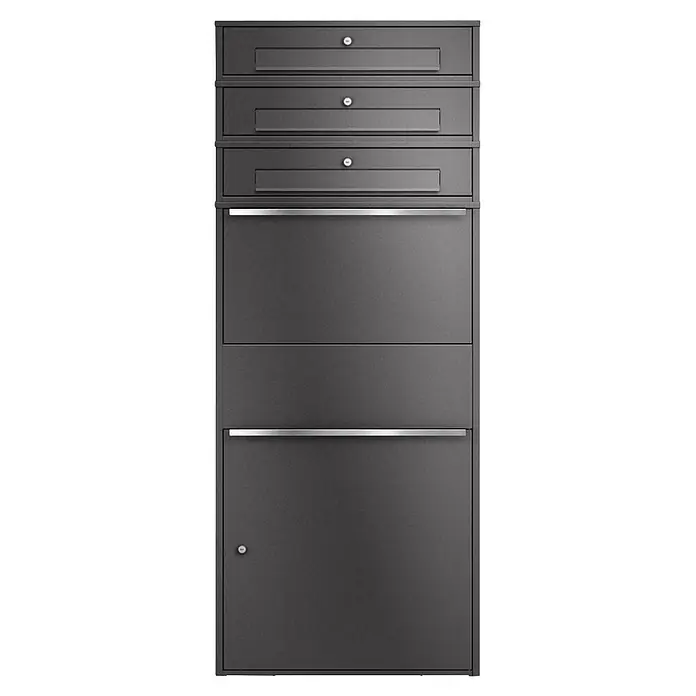 Metzler Paketbox XL 3 BRFK MAX - L x B x H: 45 x 72 x 177 cm, Eisenglimmer, Stahl, Paketfach, 3 Briefkastenfächer - Anthrazitfarbenes Mehrfach-Briefkastensystem aus Metall mit silbernen Griffen und Schlössern.