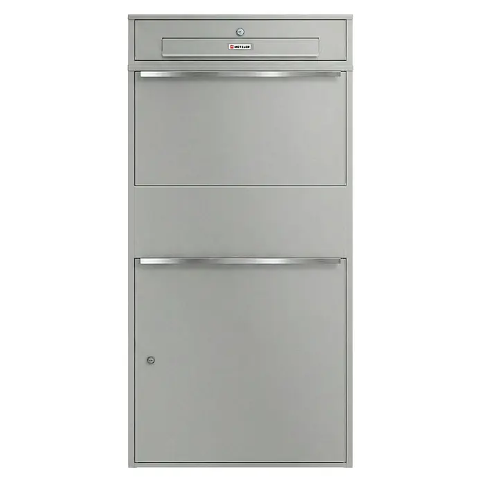 Metzler Paketbox XL BRFK MAX RE - L x B x H: 45,4 x 72 x 145 cm, Graualuminium, Stahl, Paketfach - Silbergrauer Mehrfach-Paket- und Briefkasten mit Schlössern und METZLER-Branding.