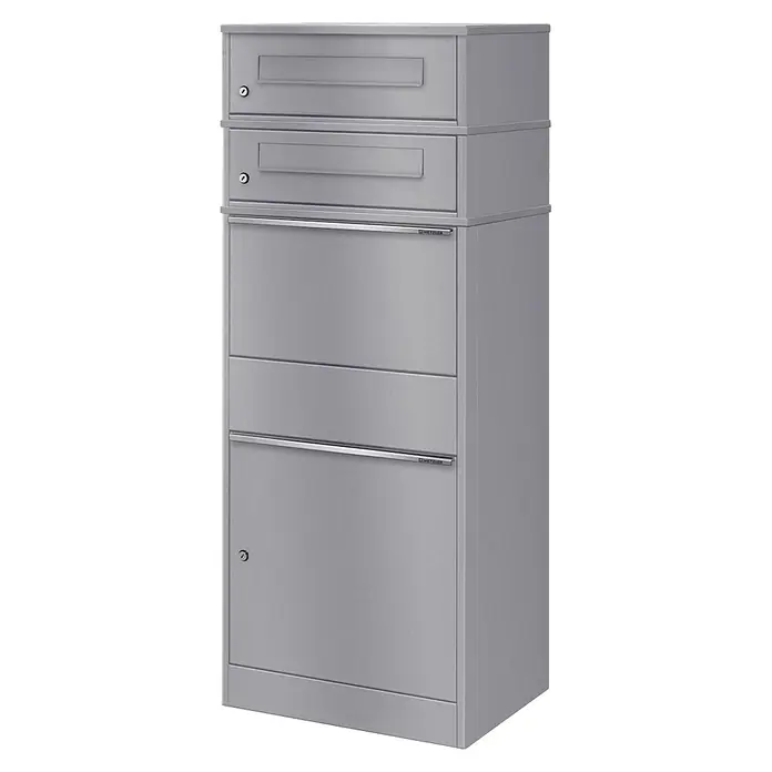 Metzler Paketbox 2 BRFK BISPO - L x B x H: 37,4 x 50,3 x 130,3 cm, Graualuminium, Stahl, Paketfach, 2 Briefkastenfächer - Hoher, grauer Metall-Mehrfachanlagen-Briefkasten und Paketbox mit abschließbaren Türen und zwei Einwurfschlitzen.
