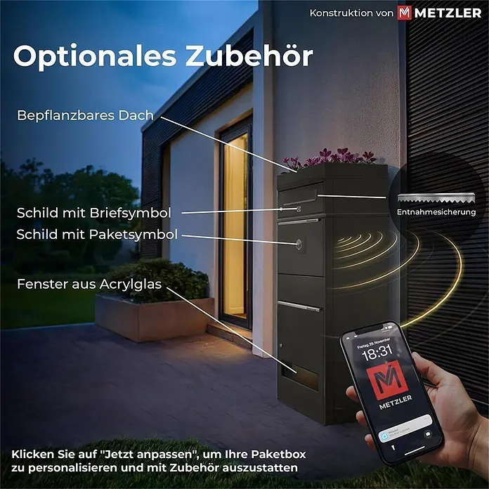 Metzler Paketbox BRFK BISPO RE - L x B x H: 37,4 x 50,3 x 112,9 cm, Eisenglimmer, Stahl, Paketfach - Moderne dunkelgraue Metzler Paketbox mit Smart-Funktionen und optionalem Zubehör wie Pflanzdach und Entnahmesicherung.