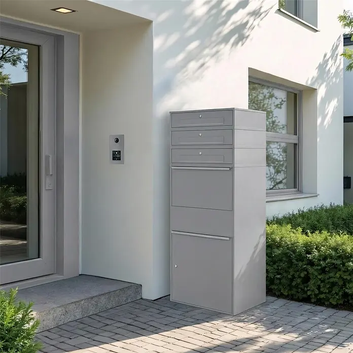 Metzler Paketbox XL 3 BRFK MAX - L x B x H: 45 x 72 x 177 cm, Graualuminium, Stahl, Paketfach, 3 Briefkastenfächer - Grauer Mehrfach-Paketkasten und Briefkastenanlage am Hauseingang.