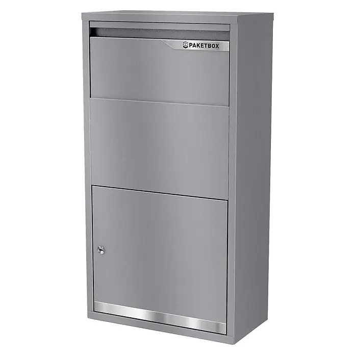 Metzler Paketbox Avalon 3 - L x B x H: 22 x 44 x 82,2 cm, Graualuminium, Stahl, Paketfach, Fassungsvermögen: 34 l - Grauer Metall-Paketkasten mit oberem Briefschlitz und einem größeren, abschließbaren unteren Fach, mit der Aufschrift "PAKETBOX".