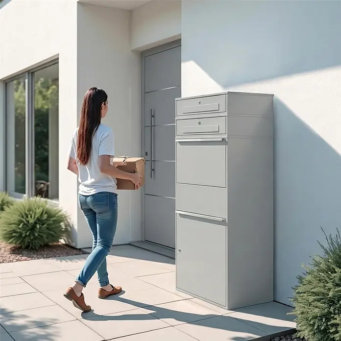 Metzler Paketbox XL 2 BRFK BISPO MAX - L x B x H: 45,4 x 72 x 161 cm, Graualuminium, Stahl, Paketfach, 2 Briefkastenfächer - Graue Paketbox am Hauseingang, eine Frau nähert sich mit einem Paket.