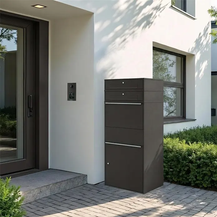 Metzler Paketbox XL 2 BRFK BISPO MAX - L x B x H: 45,4 x 72 x 161 cm, Eisenglimmer, Stahl, Paketfach, 2 Briefkastenfächer - Dunkelgraue Paketbox- und Briefkasten-Einheit, installiert neben einem modernen Hauseingang.