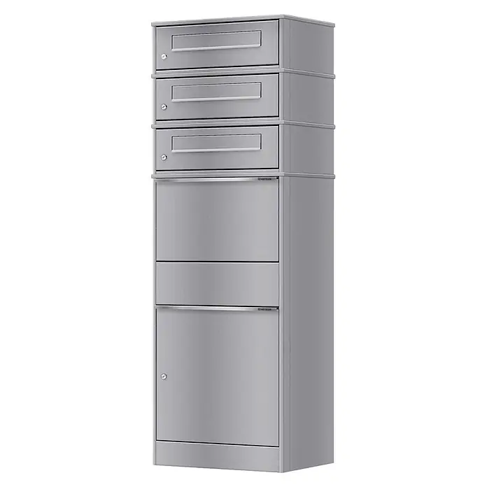 Metzler Paketbox 3 BRFK BISPO - L x B x H: 37,4 x 50,3 x 147,7 cm, Graualuminium, Stahl, Paketfach, 3 Briefkastenfächer - Elegante silberne Metall-Briefkastensäule mit drei Briefschlitzen und zwei größeren Paketfächern.