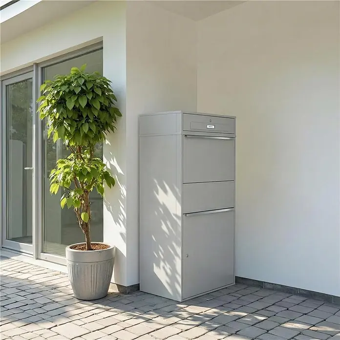 Metzler Paketbox XL BRFK MAX RE - L x B x H: 45,4 x 72 x 145 cm, Graualuminium, Stahl, Paketfach - Grauer Paketbriefkasten mit mehreren Fächern, außen neben einem Hauseingang mit Topfpflanze.