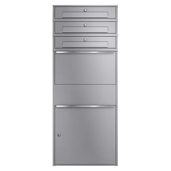 Metzler Paketbox XL 3 BRFK MAX - L x B x H: 45 x 72 x 177 cm, Graualuminium, Stahl, Paketfach, 3 Briefkastenfächer - Grauer Metall-Mehrfachschrank mit abschließbaren Türen und Griffen.