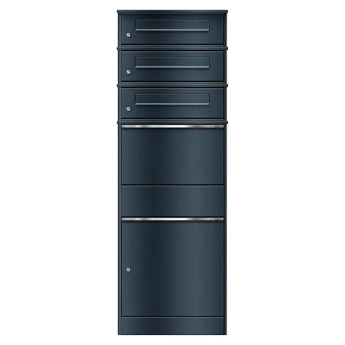 Metzler Paketbox 3 BRFK BISPO - L x B x H: 37,4 x 50,3 x 147,7 cm, Anthrazit, Stahl, Paketfach, 3 Briefkastenfächer - Dunkelgraue Metall-Mehrfachbriefkastenanlage mit Einwurfschlitzen, Schlössern und silbernen Akzenten.
