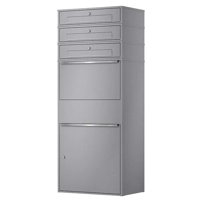 Metzler Paketbox XL 3 BRFK MAX - L x B x H: 45 x 72 x 177 cm, Graualuminium, Stahl, Paketfach, 3 Briefkastenfächer - Hoher grauer Metall-Mehrfachschrank mit Briefschlitzen, Paketfächern und großer abschließbarer Zugangstür.