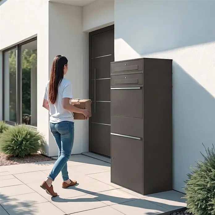 Metzler Paketbox XL 2 BRFK BISPO MAX - L x B x H: 45,4 x 72 x 161 cm, Eisenglimmer, Stahl, Paketfach, 2 Briefkastenfächer - Dunkelgraue Paketbox mit mehreren Fächern neben einem modernen Hauseingang, mit einer Person beim Herantreten.