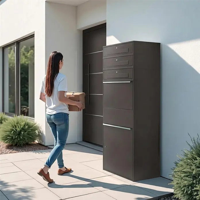 Metzler Paketbox XL 3 BRFK MAX - L x B x H: 45 x 72 x 177 cm, Eisenglimmer, Stahl, Paketfach, 3 Briefkastenfächer - Dunkelgraue Metall-Paketbox mit mehreren Fächern am modernen Hauseingang. Eine Person nähert sich mit einem Paket.