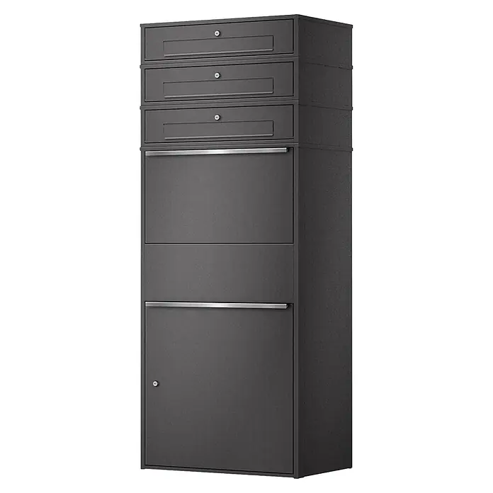 Metzler Paketbox XL 3 BRFK MAX - L x B x H: 45 x 72 x 177 cm, Eisenglimmer, Stahl, Paketfach, 3 Briefkastenfächer - Dunkelgrauer Metall-Brief- und Paketkasten mit Fächern und Schlössern.