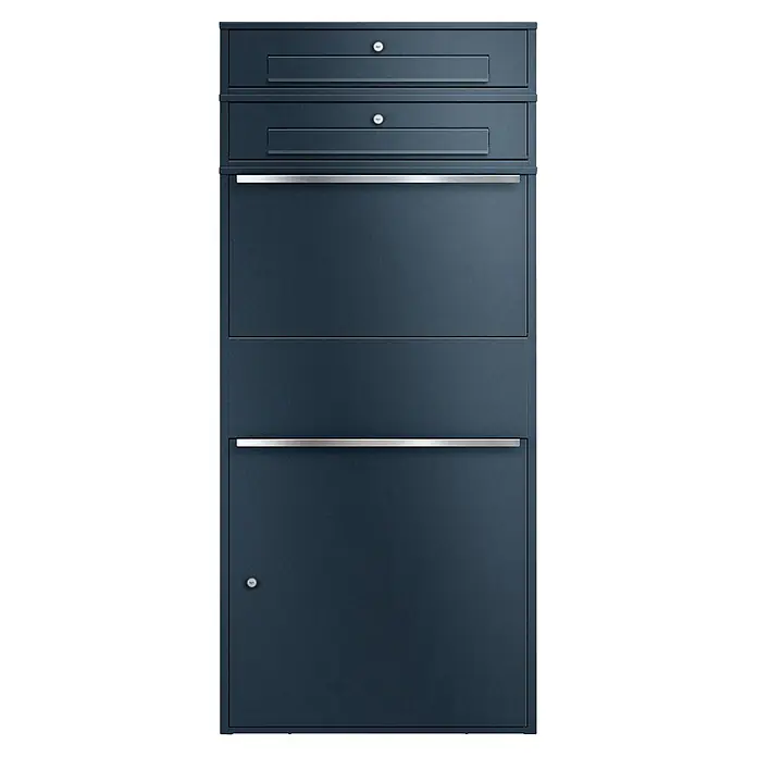 Metzler Paketbox XL 2 BRFK BISPO MAX - L x B x H: 45,4 x 72 x 161 cm, Anthrazit, Stahl, Paketfach, 2 Briefkastenfächer - Anthrazitfarbener Mehrfachbriefkasten mit Einwurfschlitzen, Schlüsselschlössern und silbernen Griffen.