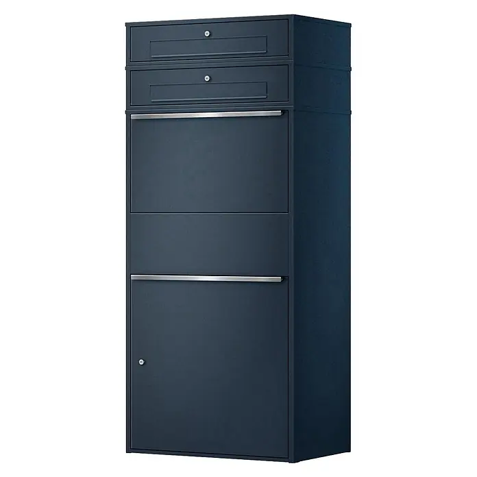 Metzler Paketbox XL 2 BRFK BISPO MAX - L x B x H: 45,4 x 72 x 161 cm, Anthrazit, Stahl, Paketfach, 2 Briefkastenfächer - Hohe, dunkelblaue Mehrfacheinheit mit Schlitzen, Türen und Metallgriffen, ideal für Post oder Aufbewahrung.
