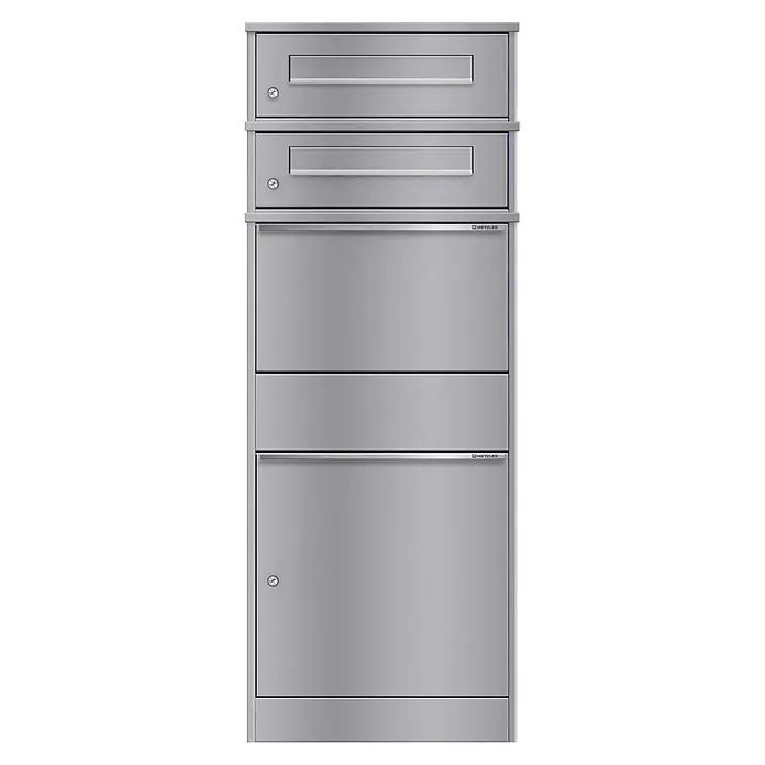 Metzler Paketbox 2 BRFK BISPO - L x B x H: 37,4 x 50,3 x 130,3 cm, Graualuminium, Stahl, Paketfach, 2 Briefkastenfächer - Silbergraue Metall-Briefkastenanlage mit mehreren Fächern: oben Einwurfschlitze, unten Paketfächer mit Griffen/Schlössern.