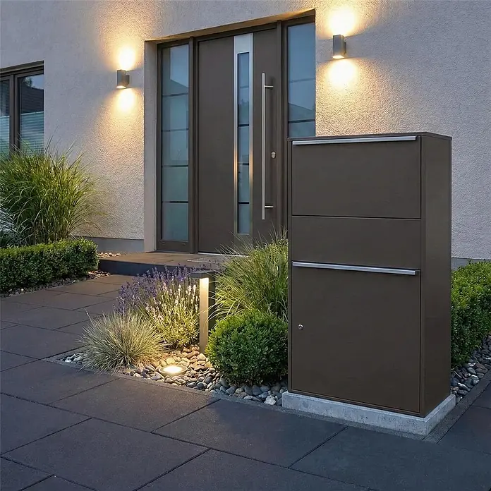 Metzler Paketbox XL BISPO MAX - L x B x H: 45,4 x 72 x 128,5 cm, Eisenglimmer, Stahl, Paketfach - Dunkelbrauner freistehender Paket- und Briefkasten mit silbernen Akzenten am Eingang eines modernen Hauses.