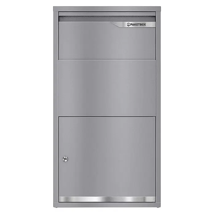 Metzler Paketbox Avalon 3 - L x B x H: 22 x 44 x 82,2 cm, Graualuminium, Stahl, Paketfach, Fassungsvermögen: 34 l - Grauer Metall-Paketkasten mit oberem Einwurfschlitz und "PAKETBOX"-Logo, gesichert durch ein Schloss.