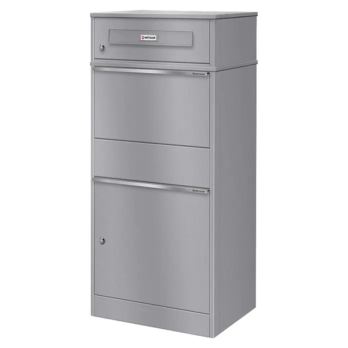 Metzler Paketbox BRFK BISPO RE - L x B x H: 37,4 x 50,3 x 112,9 cm, Graualuminium, Stahl, Paketfach - Grauer, mehrteiliger Metallbriefkasten mit Briefschlitz und Schloss.