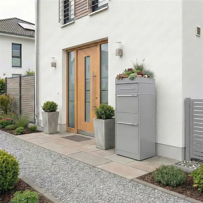 Metzler Paketbox BRFK PD BISPO - L x B x H: 37,4 x 50,3 x 119,9 cm, Graualuminium, Stahl, Paketfach, Mit Pflanzdach - Großer grauer Mehrfach-Brief- und Paketkasten mit integriertem Pflanzgefäß, am modernen Hauseingang platziert.