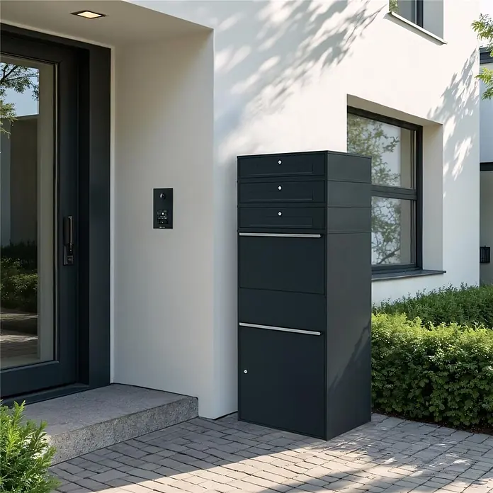 Metzler Paketbox XL 3 BRFK MAX - L x B x H: 45 x 72 x 177 cm, Anthrazit, Stahl, Paketfach, 3 Briefkastenfächer - Anthrazitfarbene Paket- und Briefkastenanlage aus Metall mit mehreren Fächern, an einem modernen Hauseingang installiert.
