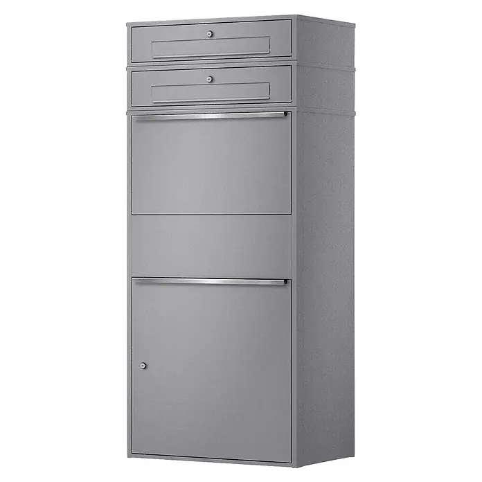 Metzler Paketbox XL 2 BRFK BISPO MAX - L x B x H: 45,4 x 72 x 161 cm, Graualuminium, Stahl, Paketfach, 2 Briefkastenfächer - Hoher grauer Metall-Brief- und Paketkasten mit Einwurfschlitzen und abschließbaren Türen.