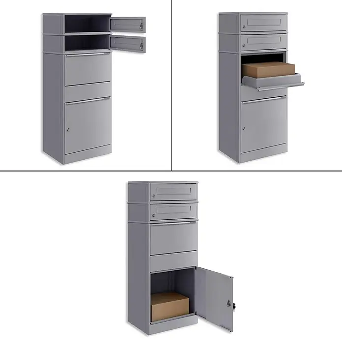Metzler Paketbox 2 BRFK BISPO - L x B x H: 37,4 x 50,3 x 130,3 cm, Graualuminium, Stahl, Paketfach, 2 Briefkastenfächer - Grauer Metall-Paketbriefkasten mit geöffneten Fächern und Paketen darin.
