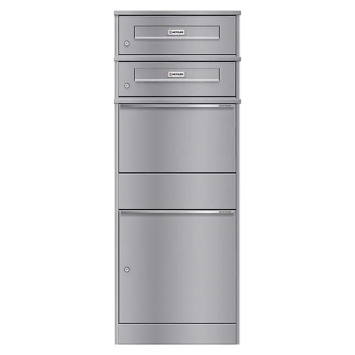 Metzler Paketbox 2 BRFK BISPO RE - L x B x H: 37,4 x 50,3 x 130,3 cm, Graualuminium, Stahl, Paketfach, Mit 2 Briefkastenfächern und Namensschildern - Elegante, mehrteilige Briefkastenanlage aus Edelstahl mit 'METZLER'-Branding. Zwei Einwurfschlitze und zwei untere abschließbare Fächer.
