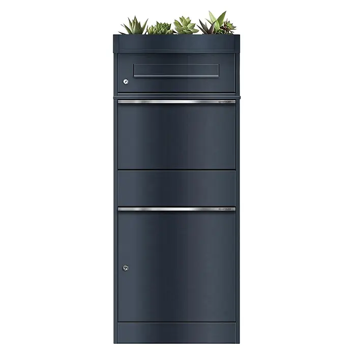Metzler Paketbox BRFK PD BISPO - L x B x H: 37,4 x 50,3 x 119,9 cm, Anthrazit, Stahl, Paketfach, Mit Pflanzdach - Dunkelgrauer Briefkasten mit integriertem Pflanzgefäß (Sukkulenten), Einwurfschlitz und abschließbaren Fächern.