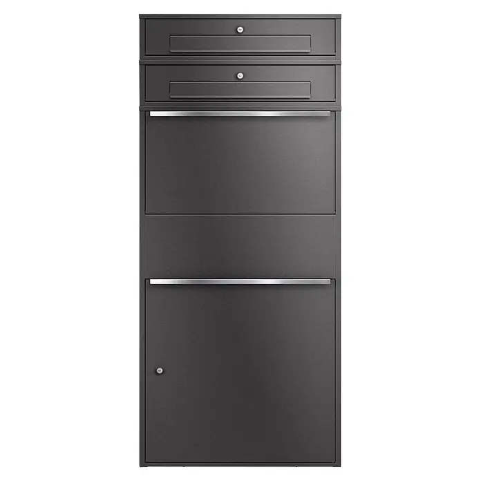 Metzler Paketbox XL 2 BRFK BISPO MAX - L x B x H: 45,4 x 72 x 161 cm, Eisenglimmer, Stahl, Paketfach, 2 Briefkastenfächer - Dunkelgrauer Aufbewahrungsschrank mit verschiedenen Schubladen und Türen, inklusive Knöpfen und einem silbernen Griff.