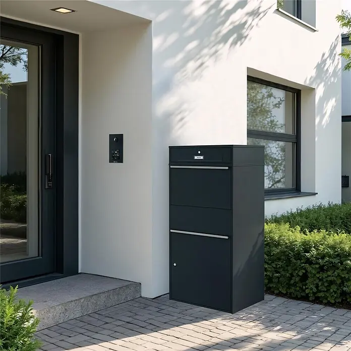 Metzler Paketbox XL BRFK MAX RE - L x B x H: 45,4 x 72 x 145 cm, Anthrazit, Stahl, Paketfach - Dunkelgraue Paket- und Briefkasten-Kombination aus Metall am Eingang eines modernen Hauses für sichere Zustellung und Postempfang.