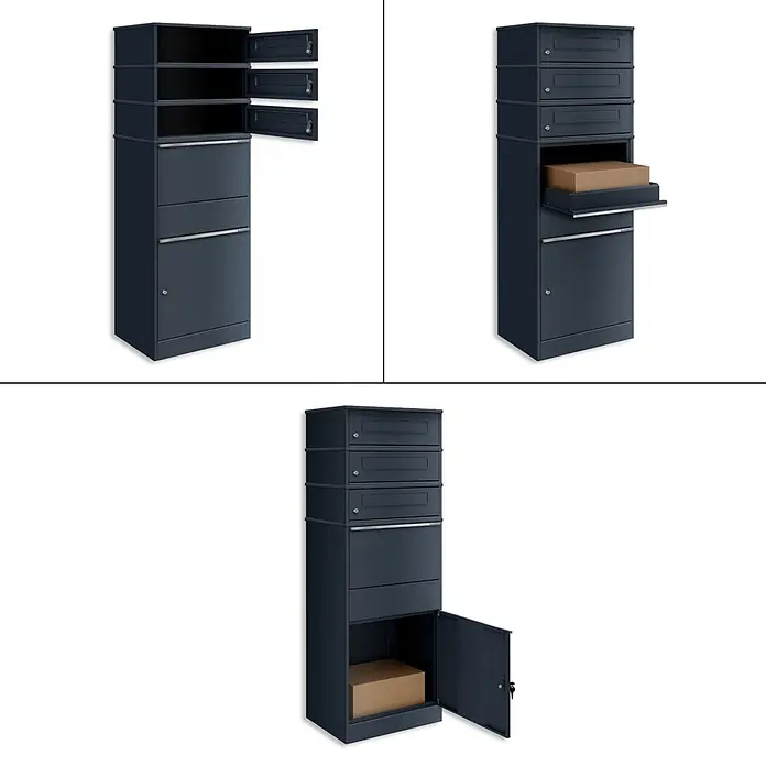 Metzler Paketbox 3 BRFK BISPO - L x B x H: 37,4 x 50,3 x 147,7 cm, Anthrazit, Stahl, Paketfach, 3 Briefkastenfächer - Dunkelblauer Paketbriefkasten mit mehreren Fächern. Ansichten zeigen Briefschlitze, Paketeinwurf und Paketentnahme.