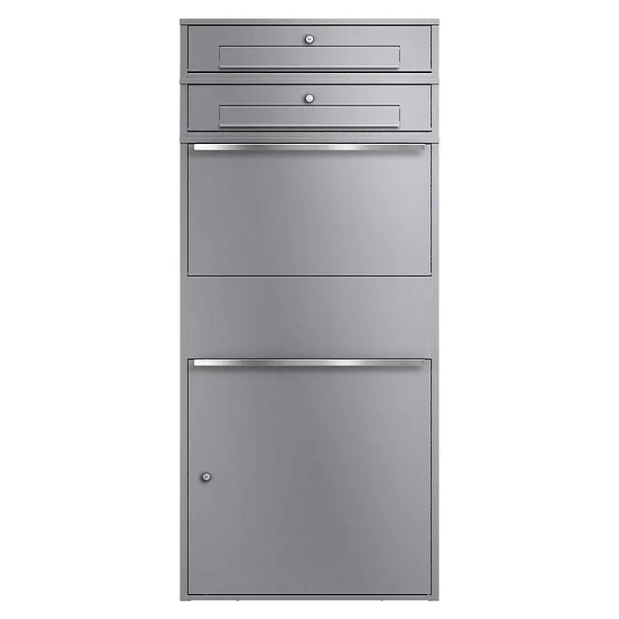 Metzler Paketbox XL 2 BRFK BISPO MAX - L x B x H: 45,4 x 72 x 161 cm, Graualuminium, Stahl, Paketfach, 2 Briefkastenfächer - Graue Metall-Mehrfach-Aufbewahrungseinheit mit oberen Schubladen und Zugangstüren.