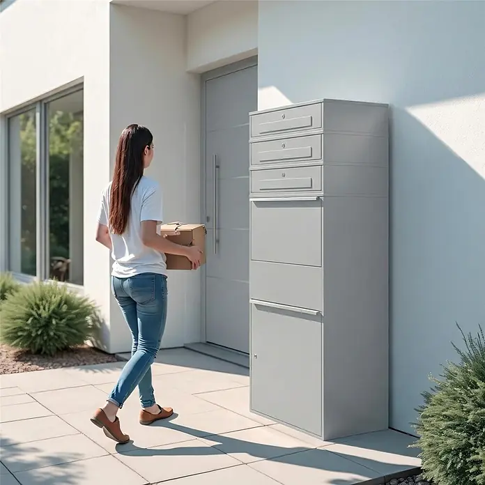 Metzler Paketbox XL 3 BRFK MAX - L x B x H: 45 x 72 x 177 cm, Graualuminium, Stahl, Paketfach, 3 Briefkastenfächer - Grauer Paketbriefkasten aus Metall neben einem Hauseingang, eine Frau nähert sich mit einem Paket.