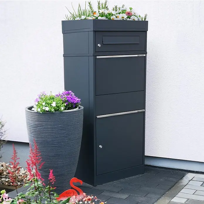 Metzler Paketbox BRFK PD BISPO - L x B x H: 37,4 x 50,3 x 119,9 cm, Anthrazit, Stahl, Paketfach, Mit Pflanzdach - Anthrazitfarbener Paketbriefkasten für draußen mit integriertem Pflanzgefäß.