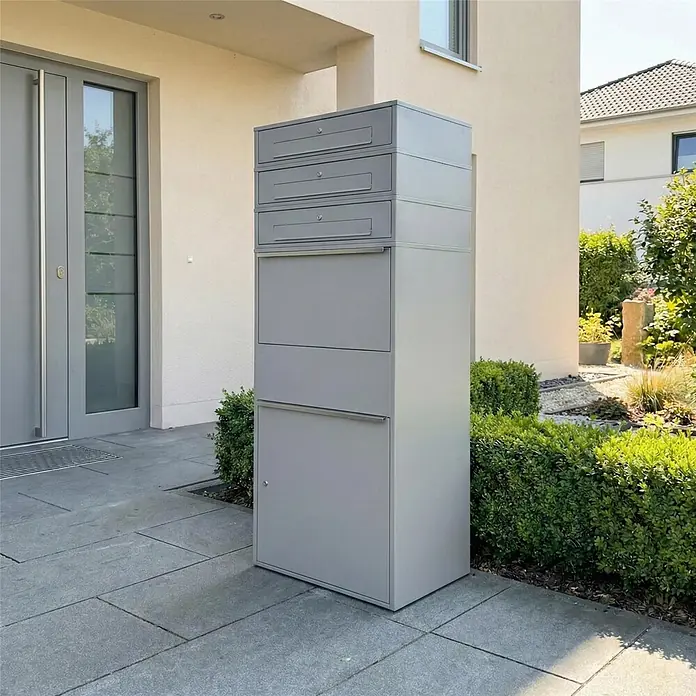 Metzler Paketbox XL 3 BRFK MAX - L x B x H: 45 x 72 x 177 cm, Graualuminium, Stahl, Paketfach, 3 Briefkastenfächer - Grauer Mehrfachbriefkasten für Post und Pakete, draußen am modernen Hauseingang.
