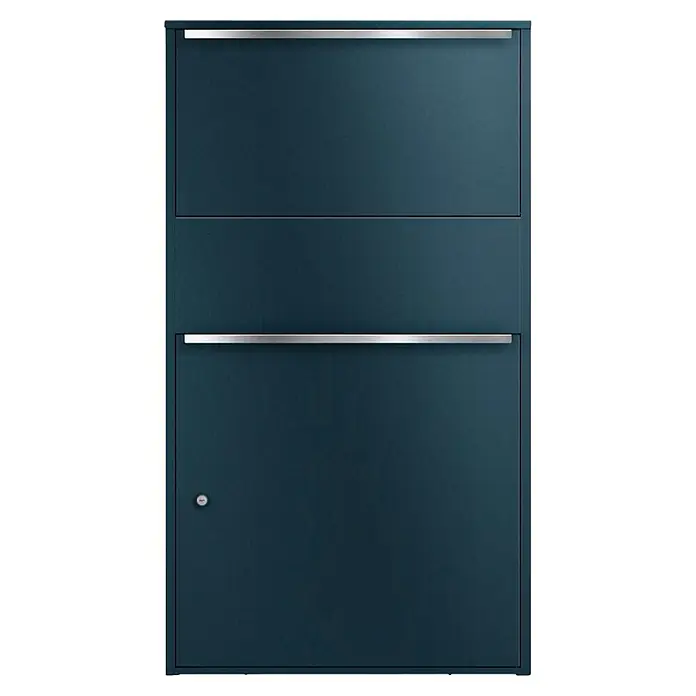 Metzler Paketbox XL BISPO MAX - L x B x H: 45,4 x 72 x 128,5 cm, Anthrazit, Stahl, Paketfach - Dunkelblau-grauer moderner Briefkasten mit zwei horizontalen silbernen Griffen und einem Schloss unten.
