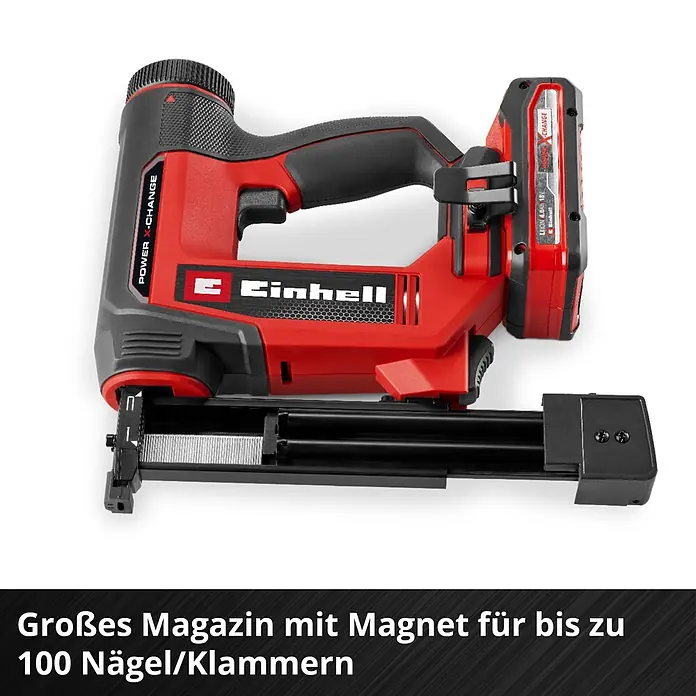 Einhell PXC 18V Akku-Nagler - 18 V, Ohne Akku, Länge Nagel: 15 mm - 32 mm - Rotes und schwarzes Einhell Akku-Nagel-/Klammergerät mit Akku und Magazin für bis zu 100 Nägel/Klammern.