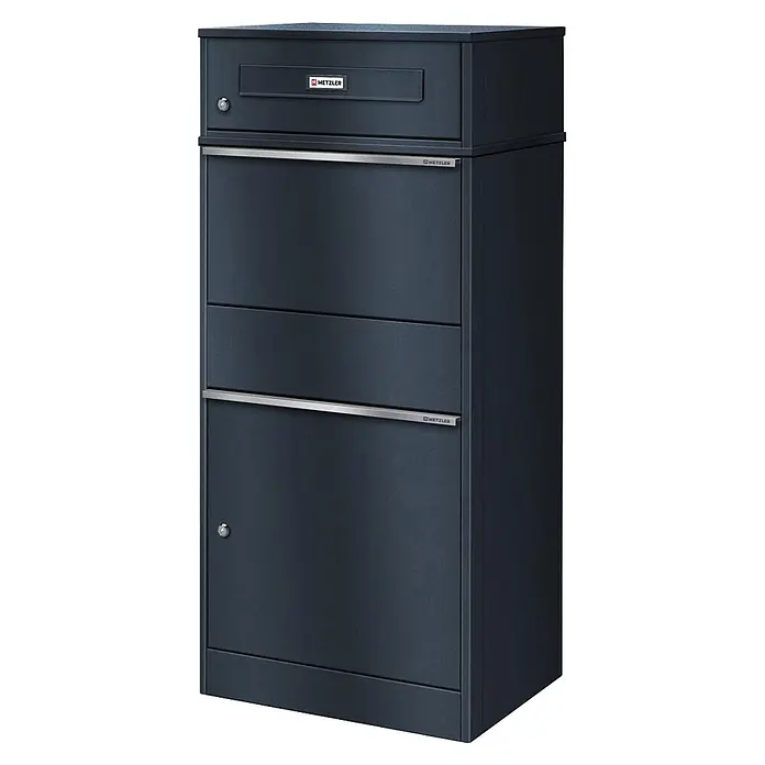 Metzler Paketbox BRFK BISPO RE - L x B x H: 37,4 x 50,3 x 112,9 cm, Anthrazit, Stahl, Paketfach - Dunkelgrauer Metall-Brief- und Paketkasten mit mehreren abschließbaren Fächern und Metzler-Branding.