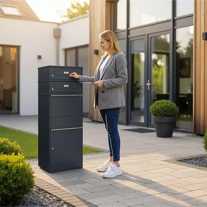 Metzler Paketbox 2 BRFK BISPO RE - L x B x H: 37,4 x 50,3 x 130,3 cm, Anthrazit, Stahl, Namensschild, Mit 2 Briefkastenfächern und Namensschildern - Eine Frau wirft einen Brief in einen freistehenden, dunkelgrauen Brief- und Paketkasten.