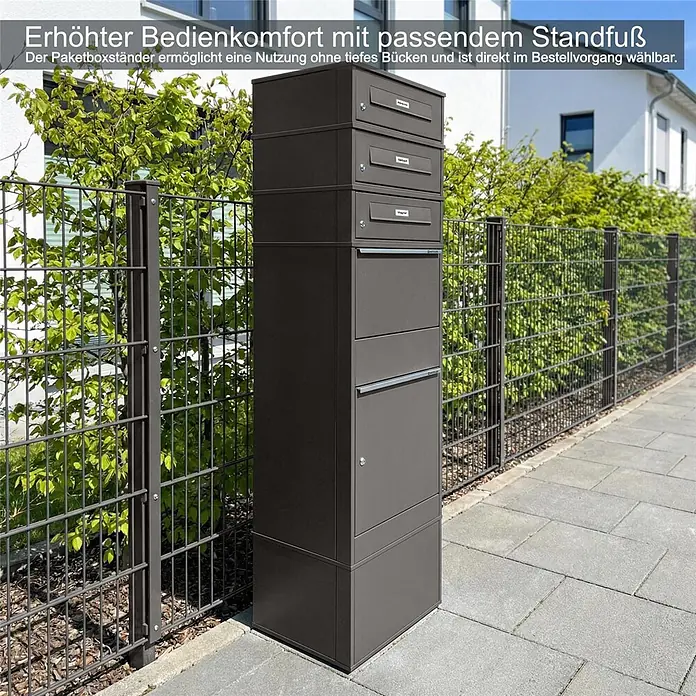 Metzler Paketbox 3 BRFK BISPO RE - L x B x H: 37,4 x 50,3 x 147,7 cm, Eisenglimmer, Stahl, Namensschild, 3 Briefkastenfächer und Namensschildern - Dunkelgrauer Paketkastenständer mit mehreren Fächern, für erhöhten, komfortablen Zugriff ohne tiefes Bücken.