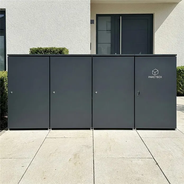 Metzler Paketbox XXL BEN - L x B x H: 81,2 x 68,4 x 123,3 cm, Anthrazit, Stahl - Dunkelgraue, mehrteilige Paketbox aus Metall mit "Paketbox"-Aufschrift für den Außenbereich.