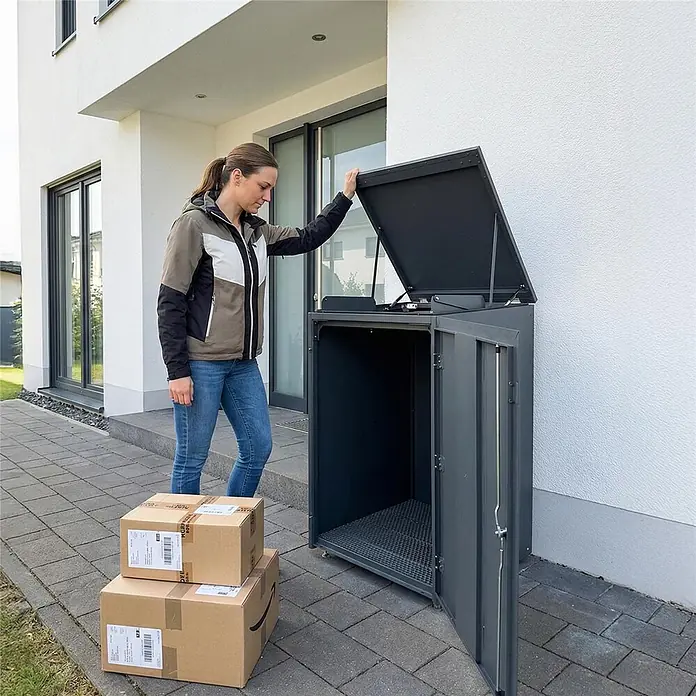 Metzler Paketbox XXL BEN - L x B x H: 81,2 x 68,4 x 123,3 cm, Anthrazit, Stahl - Große, dunkelgraue Paketbox mit offenem Deckel und Tür am Haus. Eine Frau benutzt sie, Pakete liegen daneben.