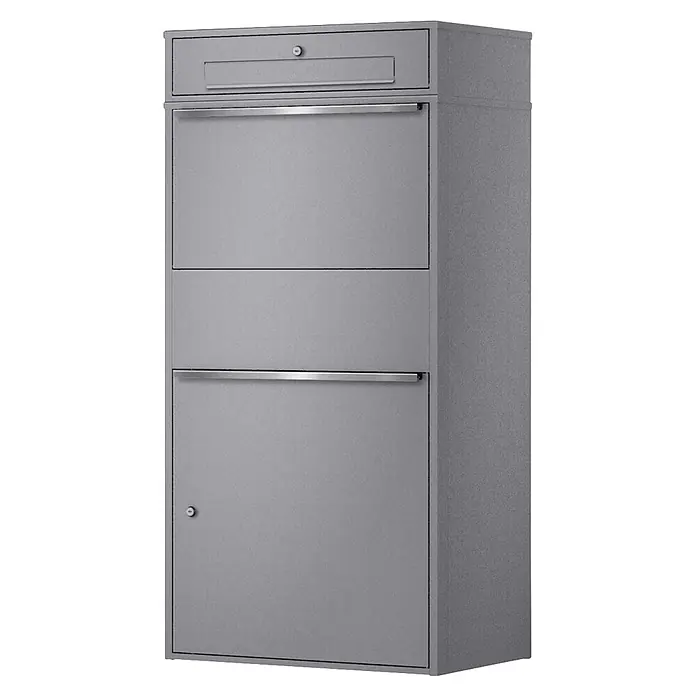 Metzler Paketbox XL BRFK BISPO MAX - L x B x H: 45,4 x 72 x 145 cm, Graualuminium, Stahl, Paketfach - Grauer Metall-Mehrfächer-Lieferungsschrank mit Einwurfschlitz und zwei abschließbaren Türen mit Griffen.
