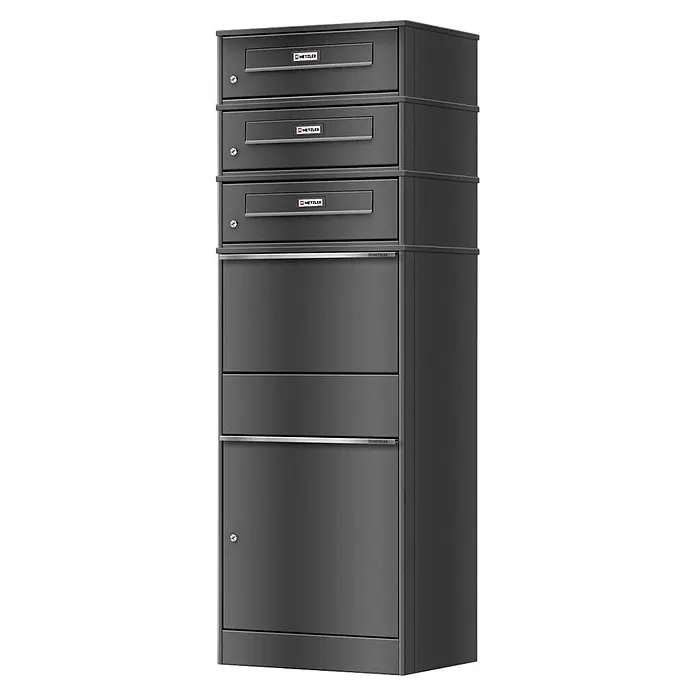 Metzler Paketbox 3 BRFK BISPO RE - L x B x H: 37,4 x 50,3 x 147,7 cm, Eisenglimmer, Stahl, Namensschild, 3 Briefkastenfächer und Namensschildern - Anthrazitfarbenes modulares Paketkastensystem mit drei Briefschlitzen und drei größeren Fächern.