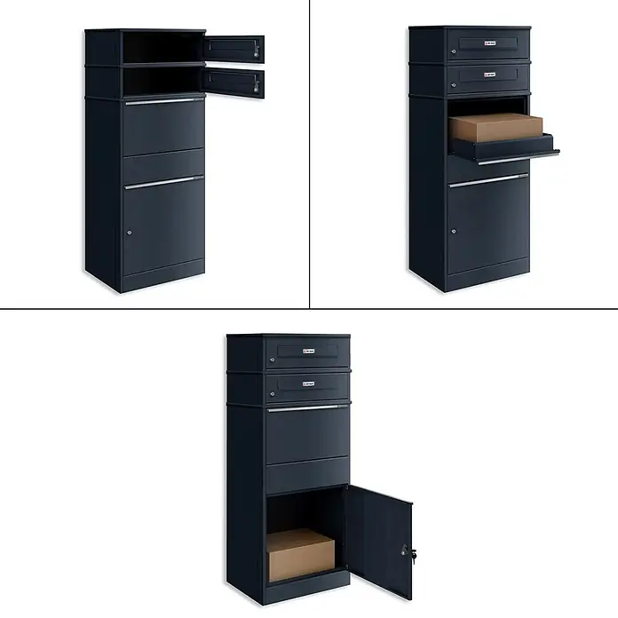 Metzler Paketbox 2 BRFK BISPO RE - L x B x H: 37,4 x 50,3 x 130,3 cm, Anthrazit, Stahl, Namensschild, Mit 2 Briefkastenfächern und Namensschildern - Dunkelblauer Paketbriefkasten mit mehreren Fächern, offen gezeigt für Post- und Paketzustellung.
