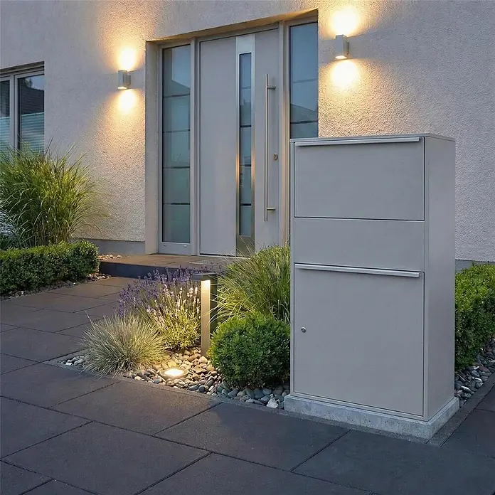 Metzler Paketbox XL BISPO MAX - L x B x H: 45,4 x 72 x 128,5 cm, Graualuminium, Stahl, Paketfach - Hoher, grauer moderner Metallbriefkasten mit mehreren Fächern, an einem Hauseingang.