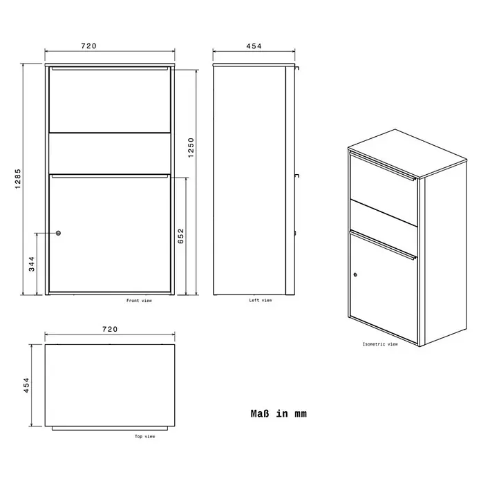Metzler Paketbox XL BISPO MAX - L x B x H: 45,4 x 72 x 128,5 cm, Anthrazit, Stahl, Paketfach - Technisches Datenblatt eines hohen, rechteckigen Schranks mit zwei Türen und Schloss an der unteren Tür, inklusive Maßen.